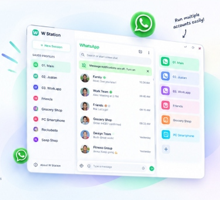 W Station Multiple WhatsApp Accounts App Interface